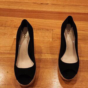 Black suede espadrille peep toe pumps